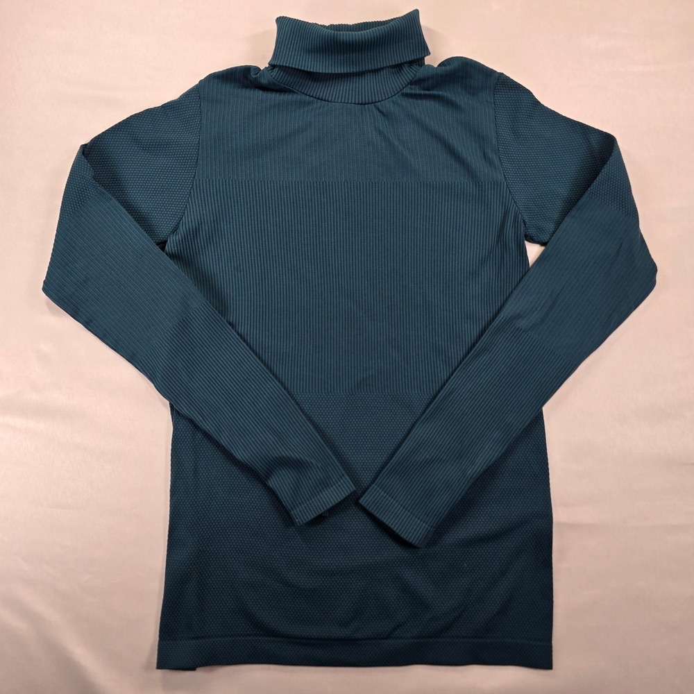 Athleta Womens Dark Teal Seamless Ribbed Turtleneck Top Thumbholes Size M